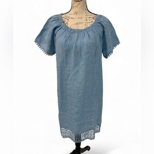 NavyBleu 100% Linen Blue Crochet Hem Dress Women’s M Boho Coastal Summer